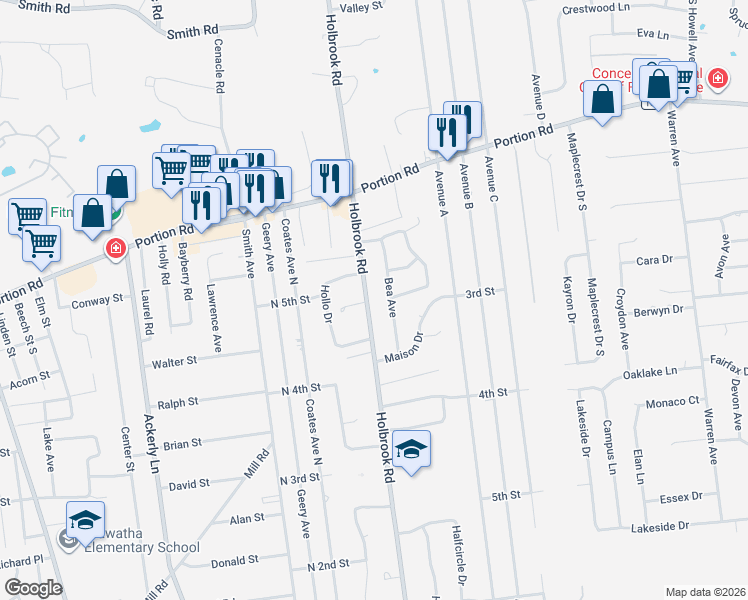 map of restaurants, bars, coffee shops, grocery stores, and more near 201 Holbrook Road South in Ronkonkoma