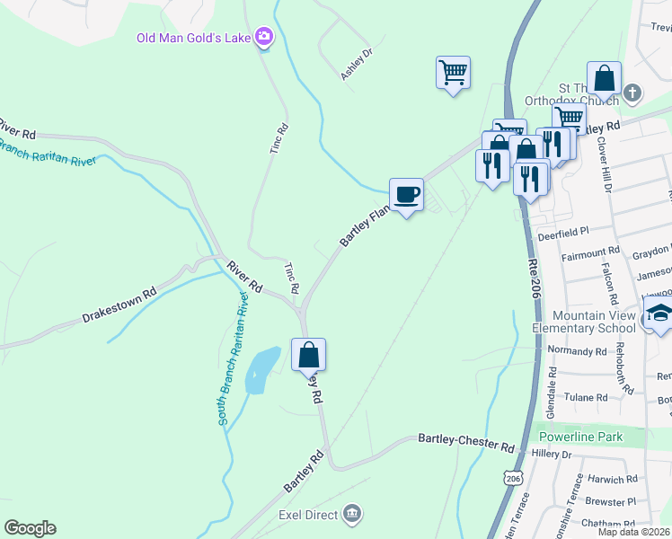 map of restaurants, bars, coffee shops, grocery stores, and more near 129 Bartley Flanders Road in Mount Olive