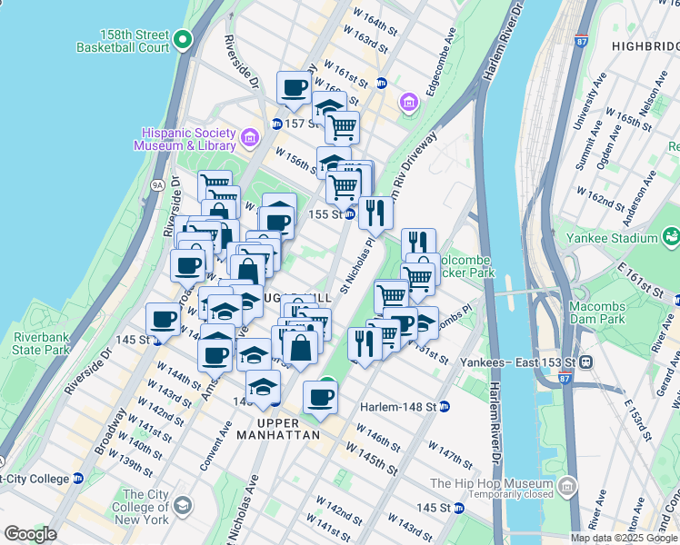 map of restaurants, bars, coffee shops, grocery stores, and more near 844 Saint Nicholas Avenue in New York
