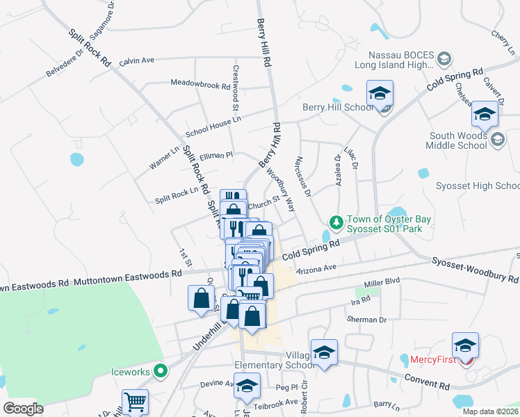map of restaurants, bars, coffee shops, grocery stores, and more near 17 Church Street in Syosset
