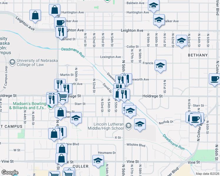 map of restaurants, bars, coffee shops, grocery stores, and more near 1515 David Drive in Lincoln