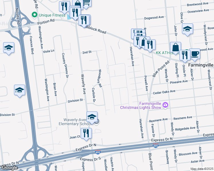 map of restaurants, bars, coffee shops, grocery stores, and more near 12 Alamo Drive in Farmingville