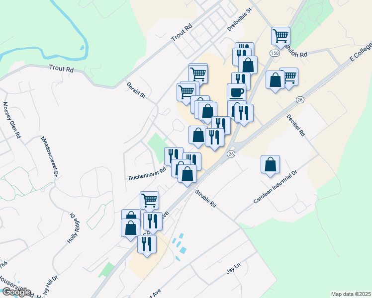 map of restaurants, bars, coffee shops, grocery stores, and more near 206 Gerald Street in State College