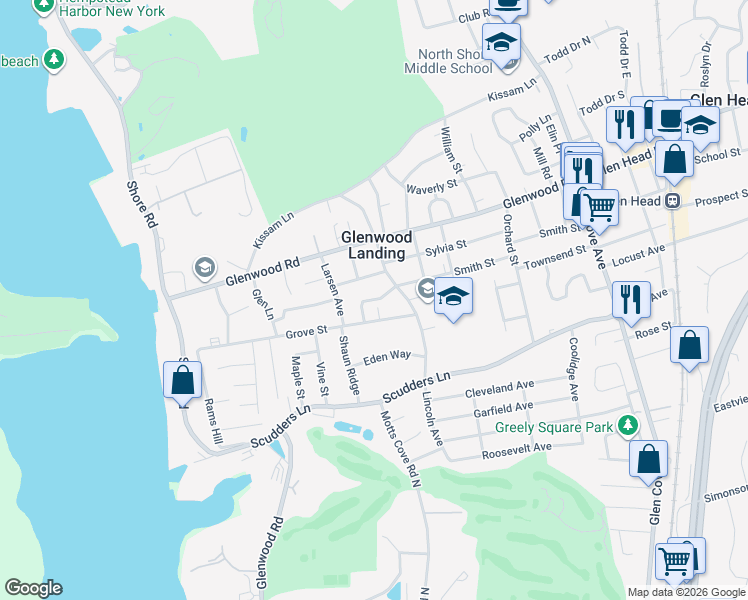 map of restaurants, bars, coffee shops, grocery stores, and more near King Street in Glenwood Landing