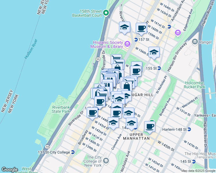 map of restaurants, bars, coffee shops, grocery stores, and more near 3610 Broadway in New York