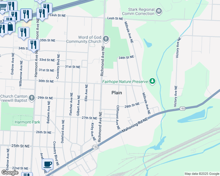 map of restaurants, bars, coffee shops, grocery stores, and more near 4132 30th Street Northeast in Canton