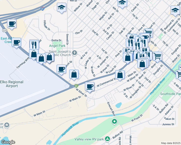 map of restaurants, bars, coffee shops, grocery stores, and more near 742 D Street in Elko