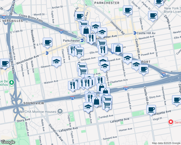 map of restaurants, bars, coffee shops, grocery stores, and more near 1101 Virginia Avenue in The Bronx