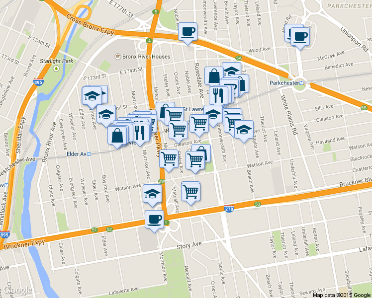 map of restaurants, bars, coffee shops, grocery stores, and more near 1143 Croes Avenue in Bronx