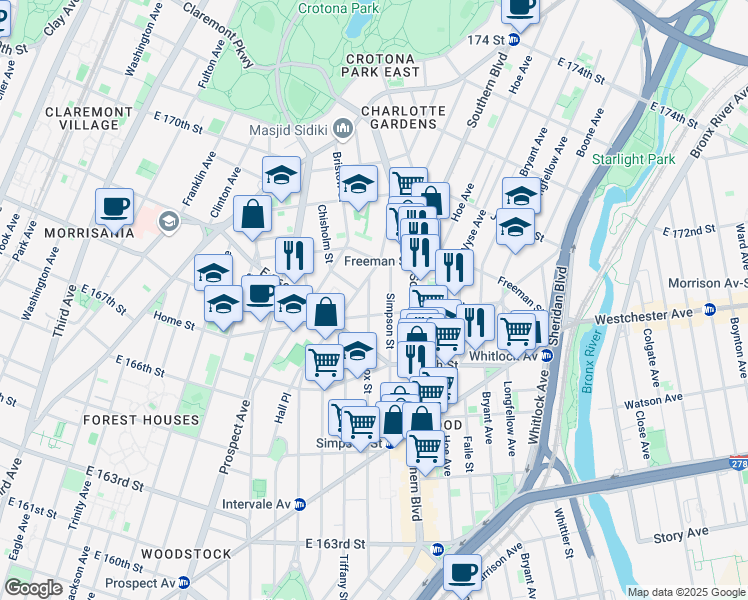 map of restaurants, bars, coffee shops, grocery stores, and more near 927 Home Street in Bronx
