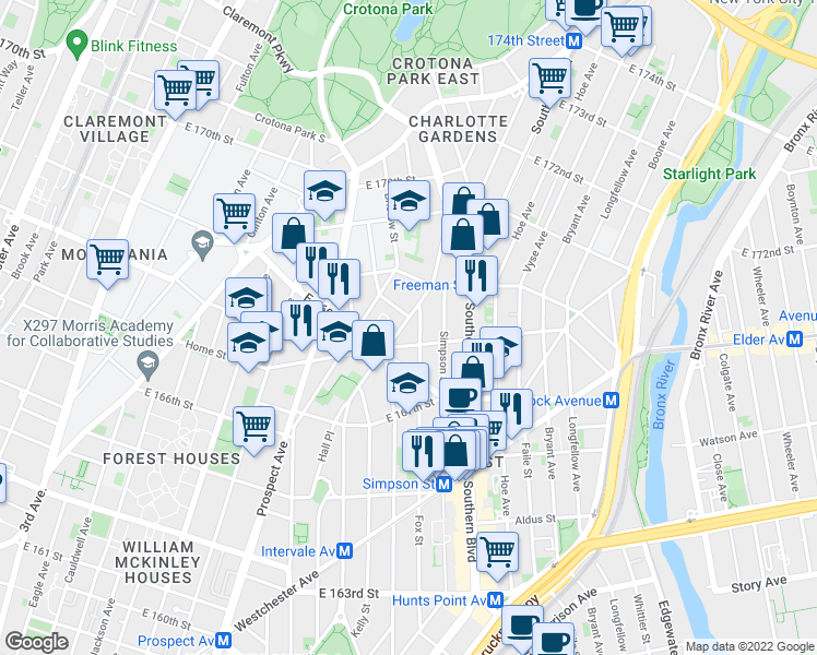 map of restaurants, bars, coffee shops, grocery stores, and more near 895 Home Street in The Bronx