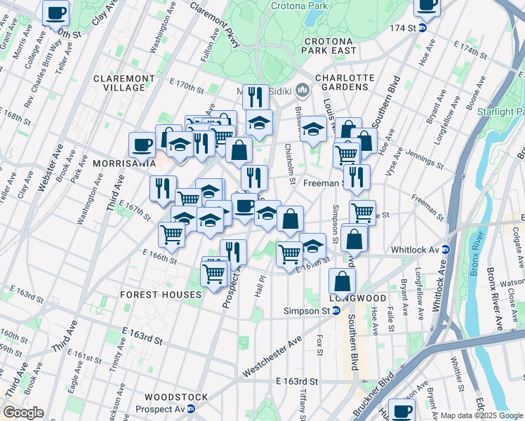 map of restaurants, bars, coffee shops, grocery stores, and more near 1314 Prospect Avenue in Bronx