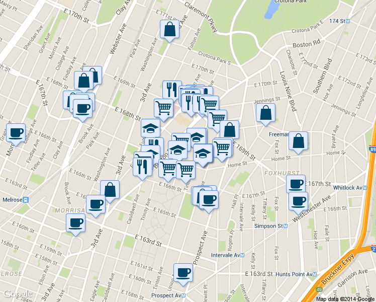 map of restaurants, bars, coffee shops, grocery stores, and more near 1157 Forest Avenue in Bronx