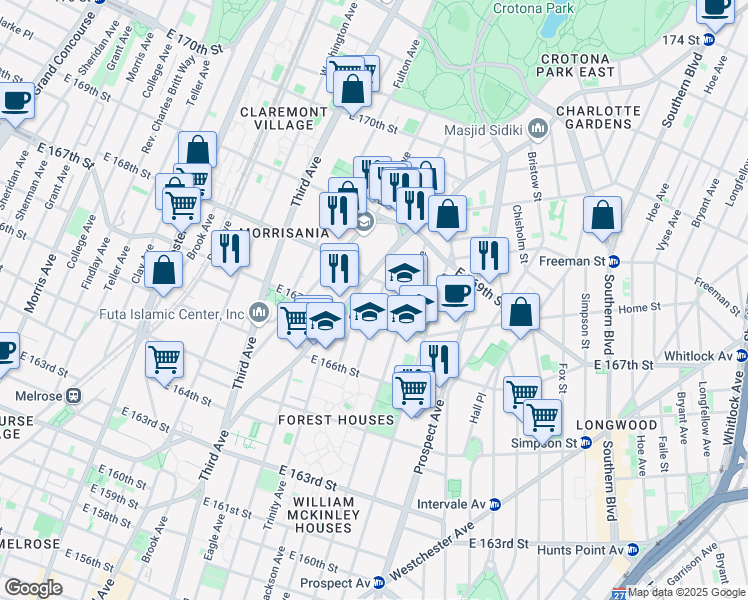 map of restaurants, bars, coffee shops, grocery stores, and more near 1157 Forest Avenue in Bronx