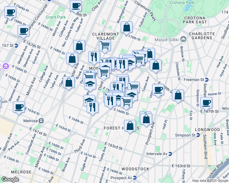 map of restaurants, bars, coffee shops, grocery stores, and more near 1142 Franklin Avenue in Bronx