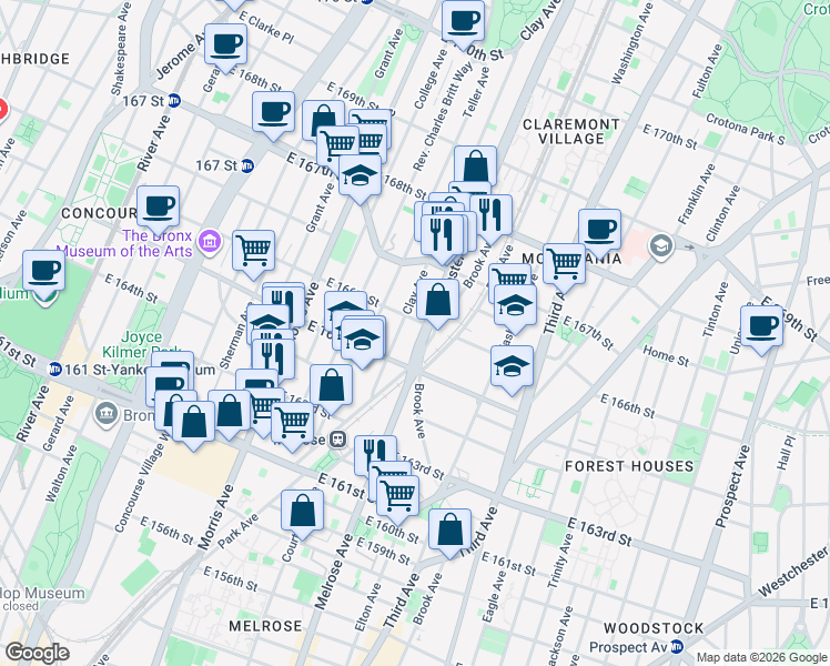 map of restaurants, bars, coffee shops, grocery stores, and more near 1048 Clay Avenue in Bronx