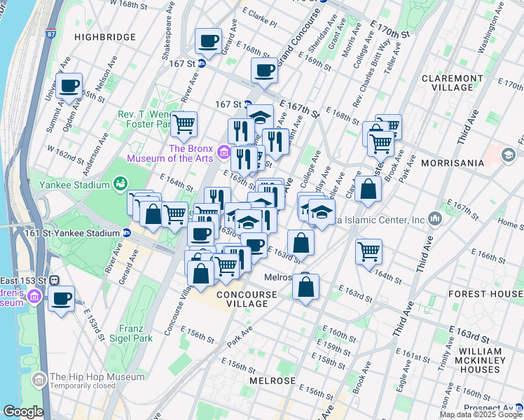 map of restaurants, bars, coffee shops, grocery stores, and more near 985 Morris Avenue in Bronx