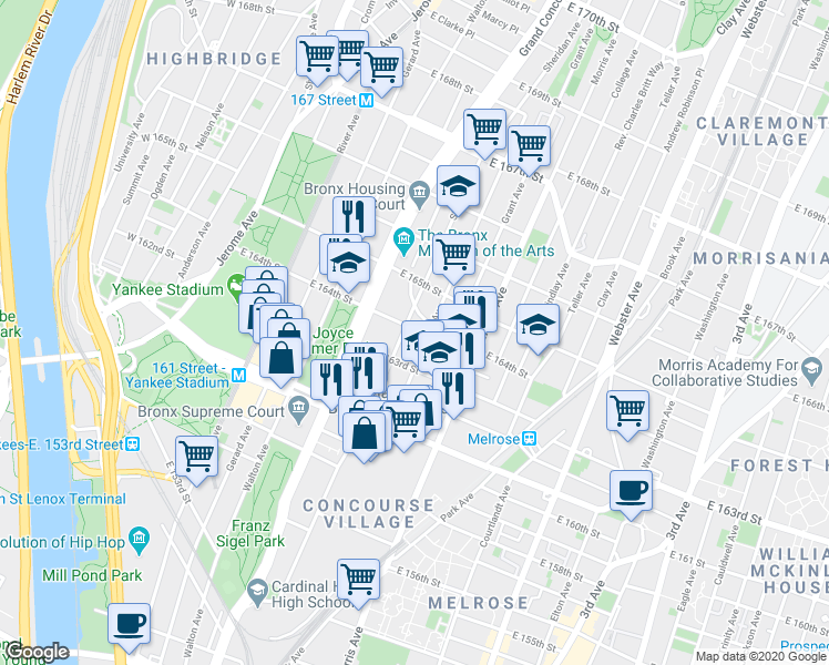 map of restaurants, bars, coffee shops, grocery stores, and more near in The Bronx