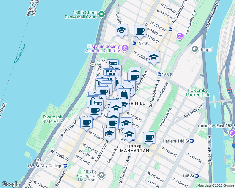 map of restaurants, bars, coffee shops, grocery stores, and more near 531 West 149th Street in New York