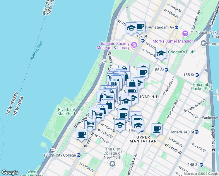 map of restaurants, bars, coffee shops, grocery stores, and more near 618 West 148th Street in New York