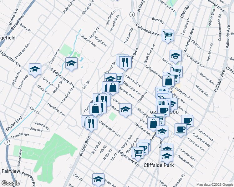map of restaurants, bars, coffee shops, grocery stores, and more near 498 Washington Avenue in Ridgefield
