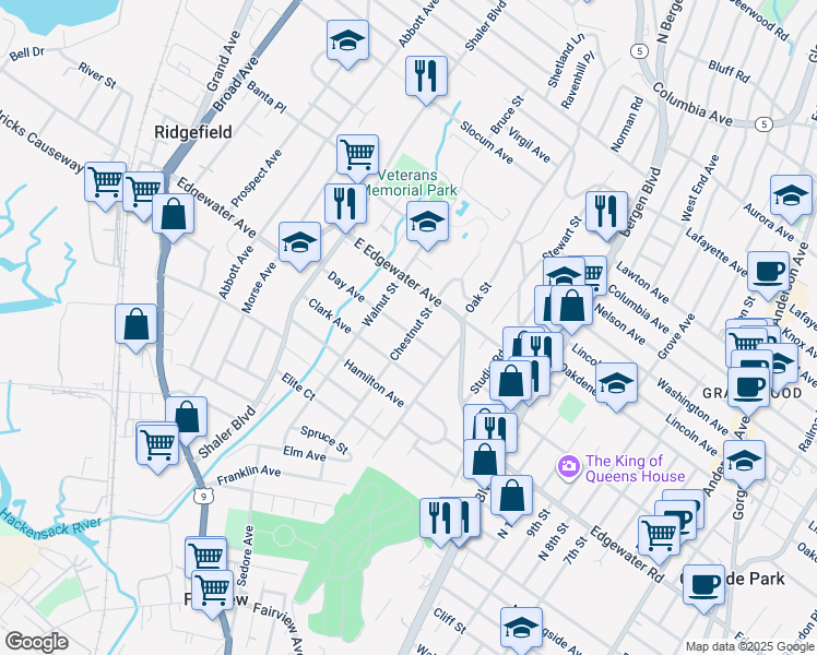map of restaurants, bars, coffee shops, grocery stores, and more near 455 Chestnut Street in Ridgefield