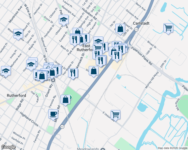 map of restaurants, bars, coffee shops, grocery stores, and more near 185 New Jersey 17 in East Rutherford