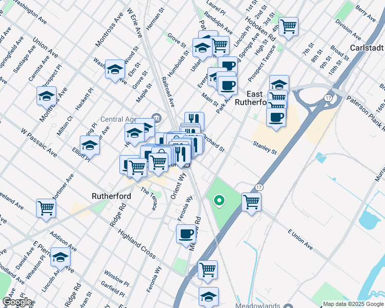 map of restaurants, bars, coffee shops, grocery stores, and more near 167 Union Avenue in East Rutherford