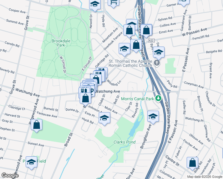 map of restaurants, bars, coffee shops, grocery stores, and more near 342 Watchung Avenue in Bloomfield