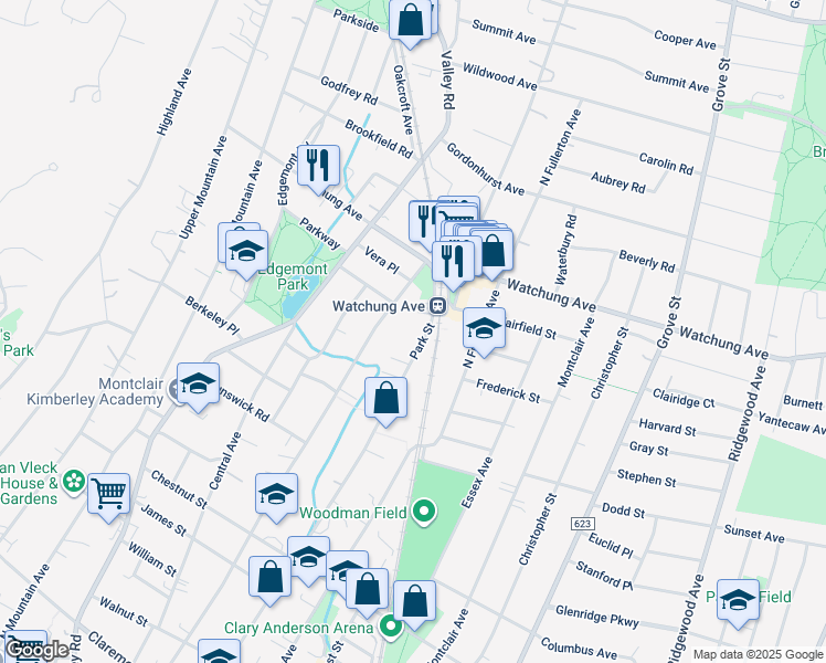 map of restaurants, bars, coffee shops, grocery stores, and more near 218 Park Street in Montclair