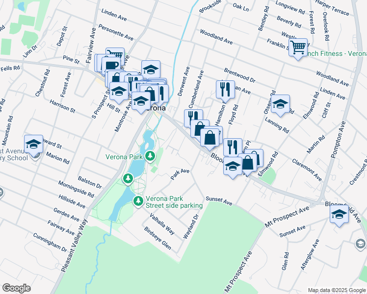 map of restaurants, bars, coffee shops, grocery stores, and more near 35 Verona Place in Verona