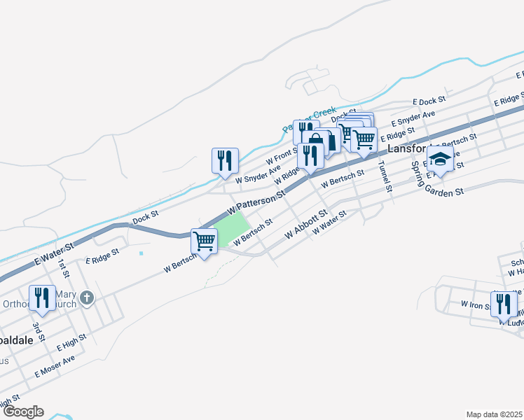 map of restaurants, bars, coffee shops, grocery stores, and more near 337 West Bertsch Street in Lansford
