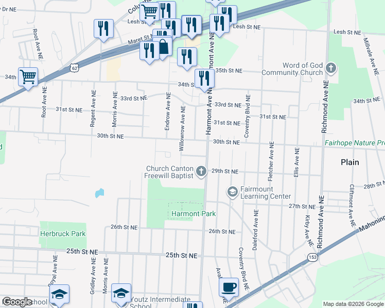 map of restaurants, bars, coffee shops, grocery stores, and more near 3200-3214 Kalahari Street Northeast in Canton