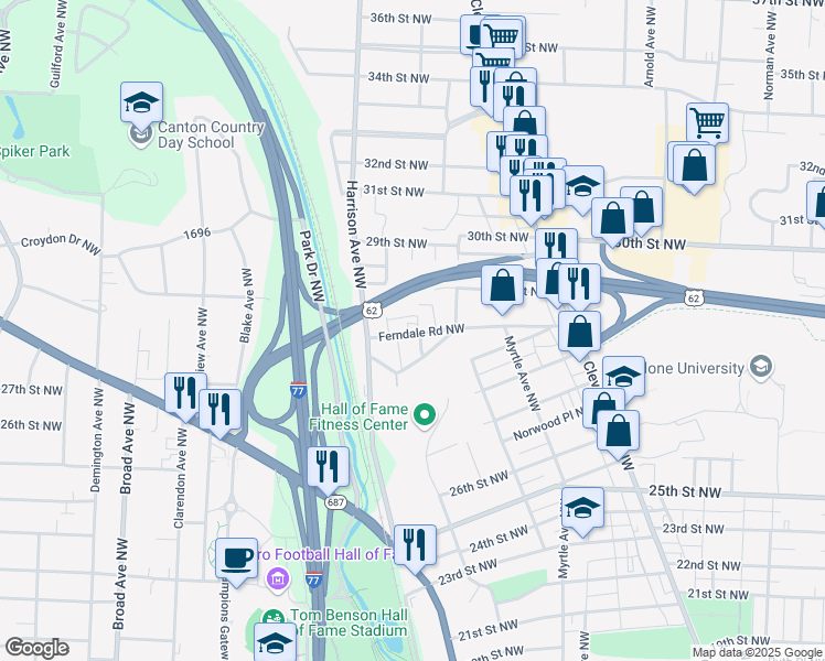 map of restaurants, bars, coffee shops, grocery stores, and more near 1918 Ferndale Road Northwest in Canton