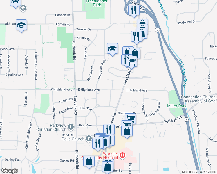 map of restaurants, bars, coffee shops, grocery stores, and more near 443 East Highland Avenue in Wooster