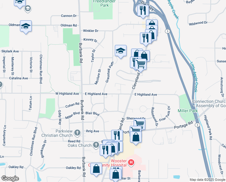 map of restaurants, bars, coffee shops, grocery stores, and more near 443 East Highland Avenue in Wooster