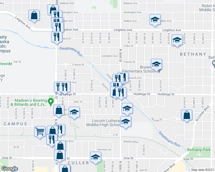 map of restaurants, bars, coffee shops, grocery stores, and more near 1515 David Drive in Lincoln