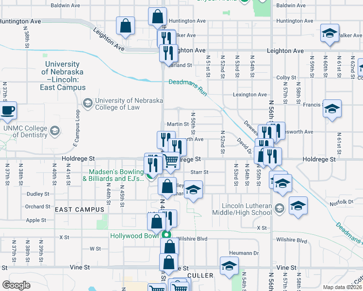 map of restaurants, bars, coffee shops, grocery stores, and more near 1535 North 49th Street in Lincoln