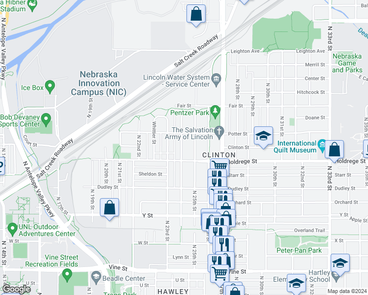 map of restaurants, bars, coffee shops, grocery stores, and more near 1538 North 24th Street in Lincoln