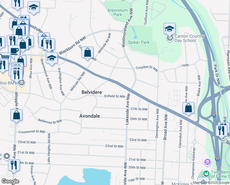 map of restaurants, bars, coffee shops, grocery stores, and more near 3314 Enfield Street Northwest in Canton