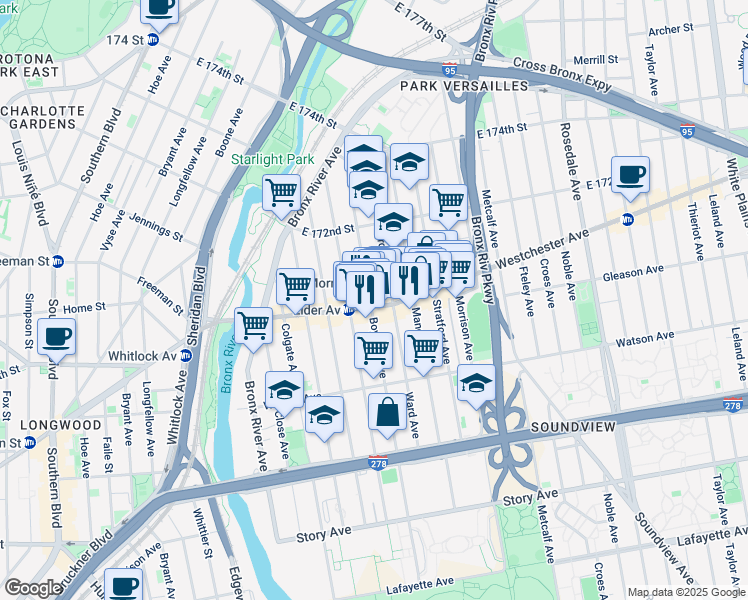 map of restaurants, bars, coffee shops, grocery stores, and more near 1540 Westchester Avenue in The Bronx