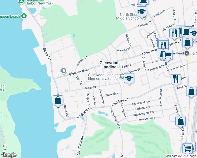 map of restaurants, bars, coffee shops, grocery stores, and more near 1 Hillside Avenue in Glenwood Landing