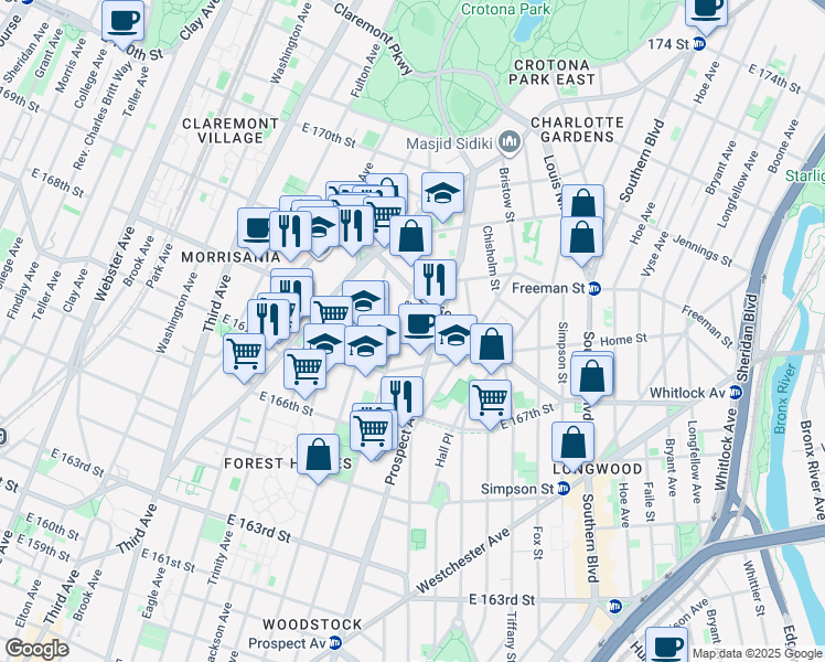 map of restaurants, bars, coffee shops, grocery stores, and more near 810 East 168th Street in Bronx