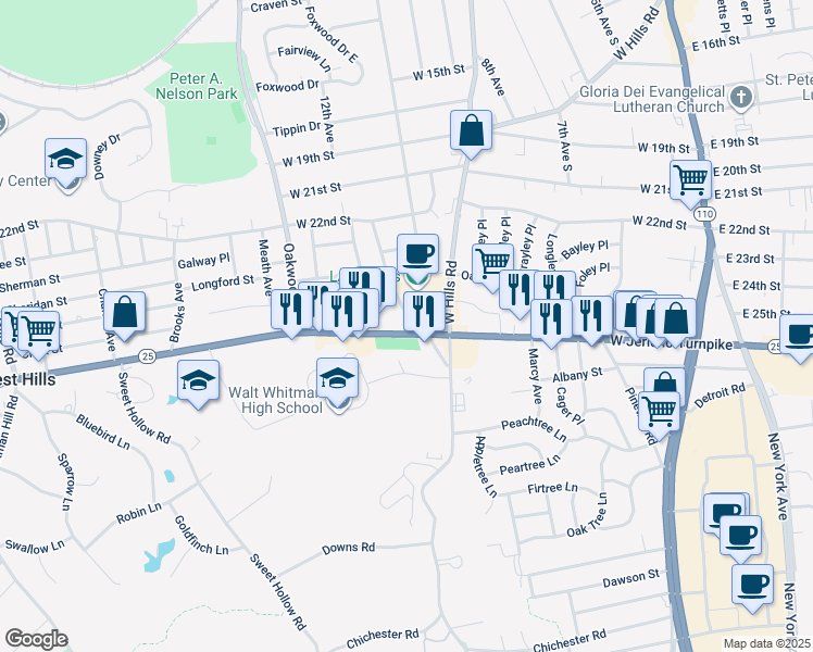 map of restaurants, bars, coffee shops, grocery stores, and more near 1 Hill Place in Huntington