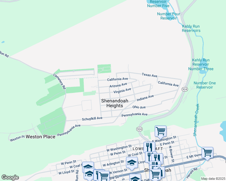 map of restaurants, bars, coffee shops, grocery stores, and more near 253 Virginia Avenue in Shenandoah