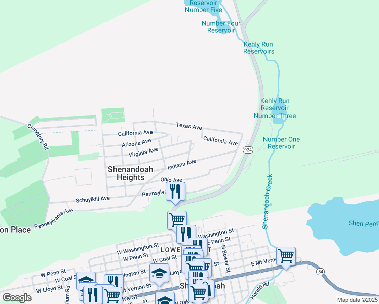 map of restaurants, bars, coffee shops, grocery stores, and more near Delaware Avenue in Shenandoah Heights