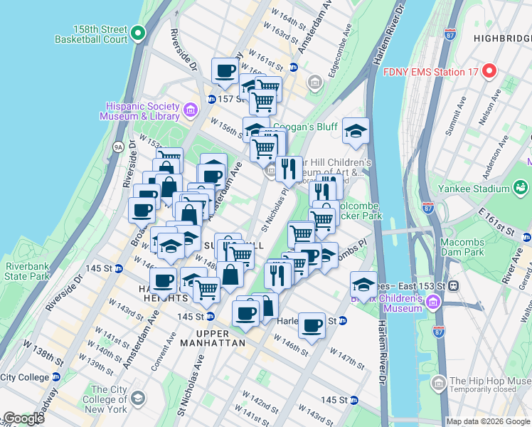 map of restaurants, bars, coffee shops, grocery stores, and more near 53 Saint Nicholas Place in New York