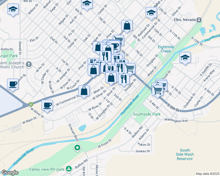 map of restaurants, bars, coffee shops, grocery stores, and more near 159 River Street in Elko