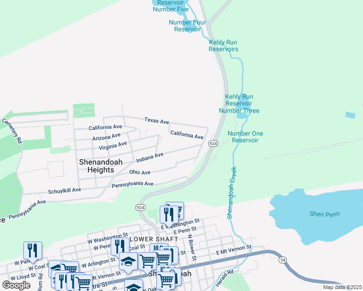 map of restaurants, bars, coffee shops, grocery stores, and more near 495 Indiana Avenue in Shenandoah