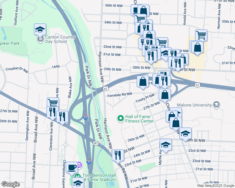 map of restaurants, bars, coffee shops, grocery stores, and more near 1918 Ferndale Road Northwest in Canton